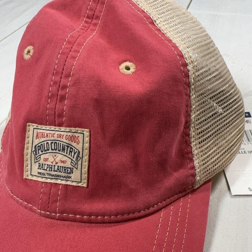 Polo Country Ralph Lauren Trucker Hat Mens Light Red Leather Strap NEW WITH TAGS